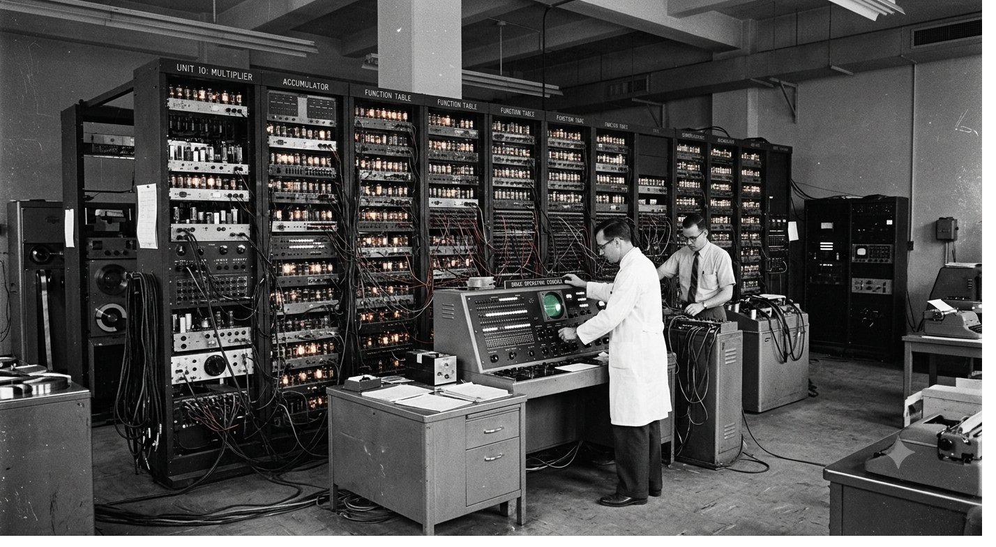 Vintage computer room with vacuum tube equipment racks labelled Unit 10 Multiplier, Accumulator, and Function Table; two operators in white lab coats at the central console